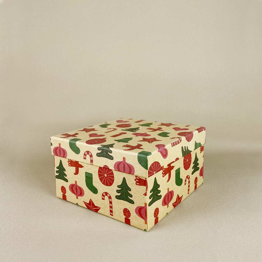 Lot de 12 boîtes cadeaux cartonnées kraft brun motif flocons de Noël